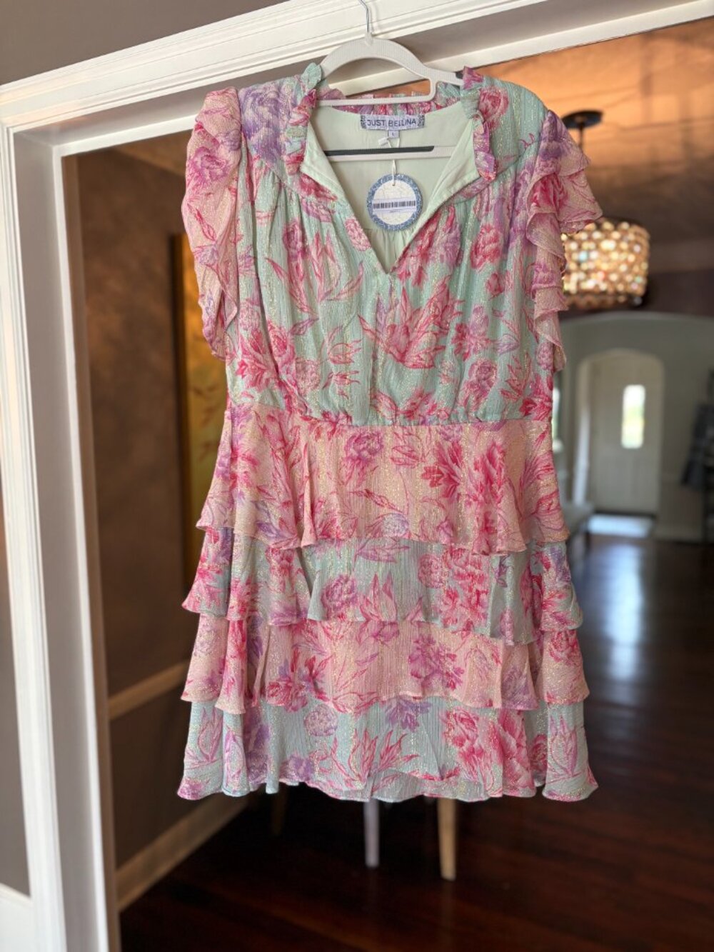 NWT Just Bellina Pink/Green Floral Metallic Mini Dress. Size L